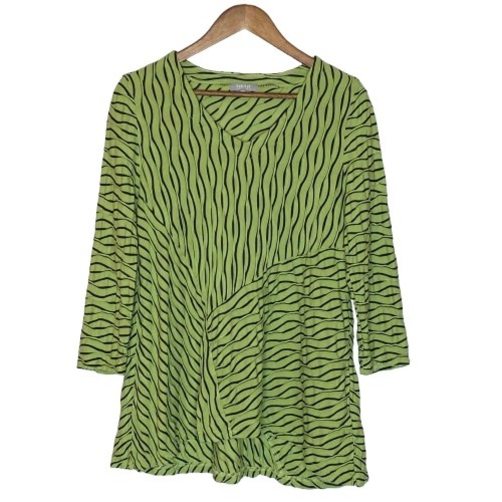 Habitat Womens Asymmetrical Top Size S Green Black Wavy Stripe Abstract Artsy